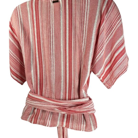 BILLABONG Local Shores Wrap Top Sz M Red White Striped Waist Tie Cotton Rayon - Picture 8 of 14